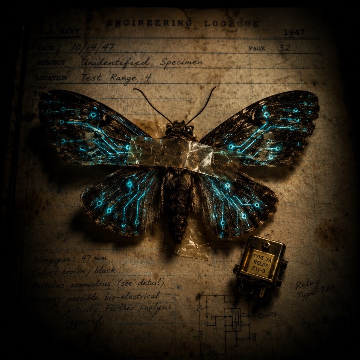 A moth with glowing circuit traces on its wings, taped into a 1947 engineering logbook beside a relay.
